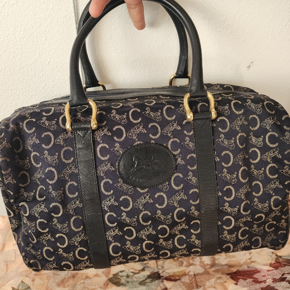 CELINE Boston Bag Canvas Leather Navy